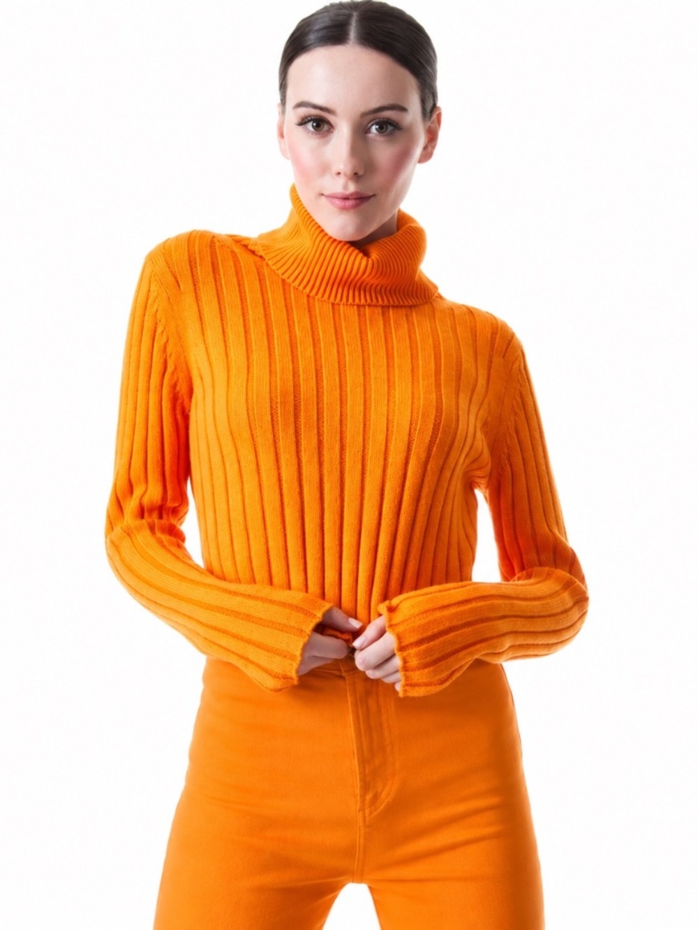 Alice + Olivia Norma Wool Blend Ribbed Cropped Turtleneck Sweater Orange Size S